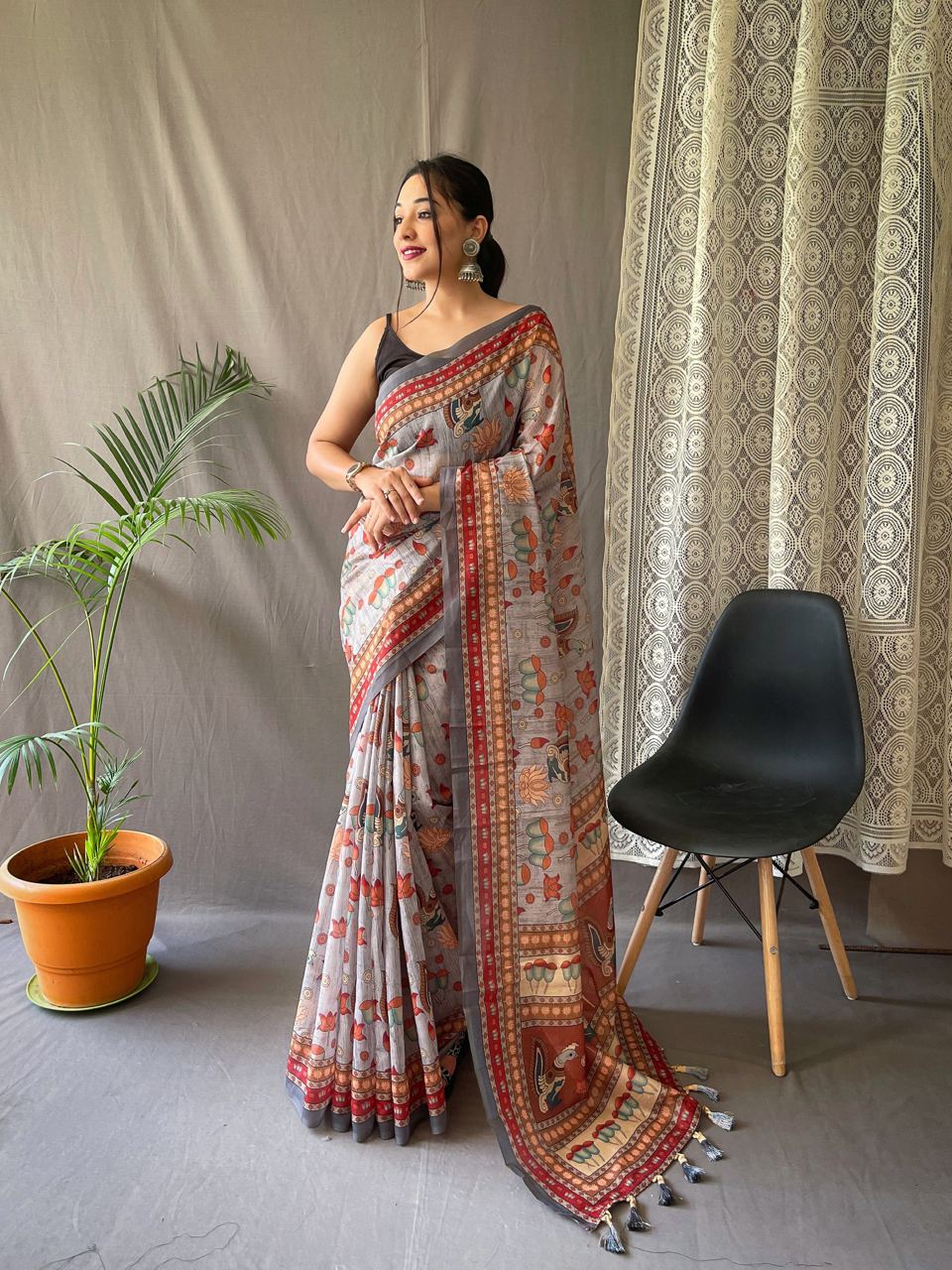 Women's Artistic Terracotta Orange Linen Saree with Kalamkari Inspired Print & Tassel Detailing – Perfect for Casual Festivities & Cultural Events - Image 8